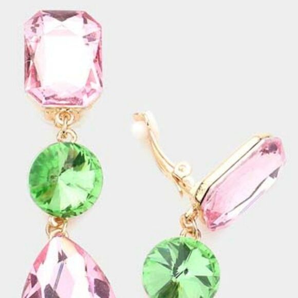 Triple Pink and Green Crystal Clip On Earrings NWT - Picture 2 of 6